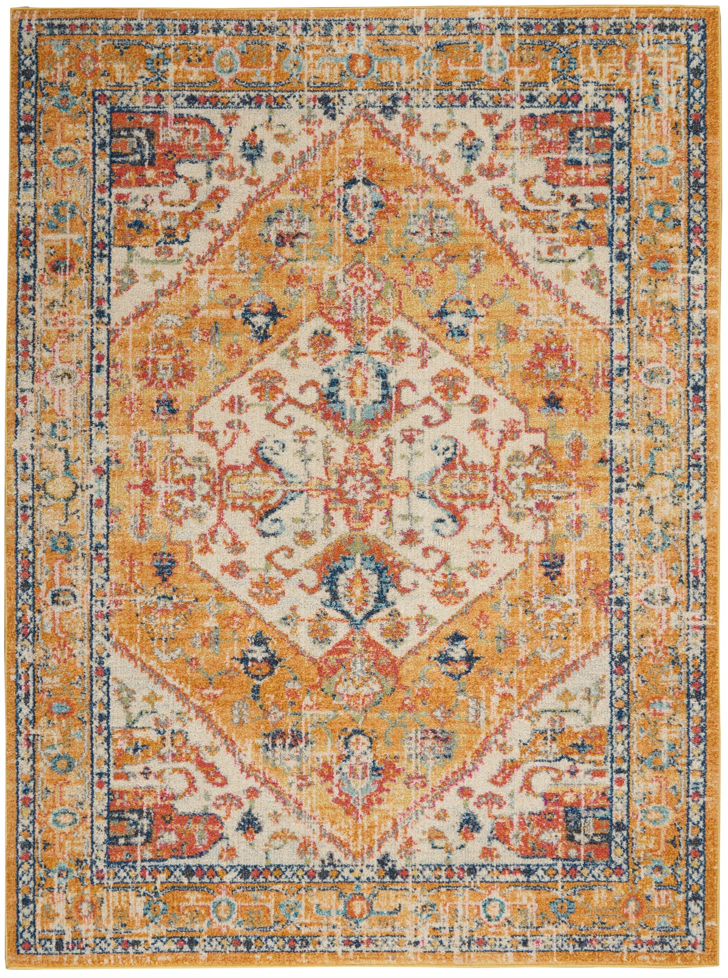 Distressed oriental area rug with warm gold and ivory center diamond medallion, blue and rust border.