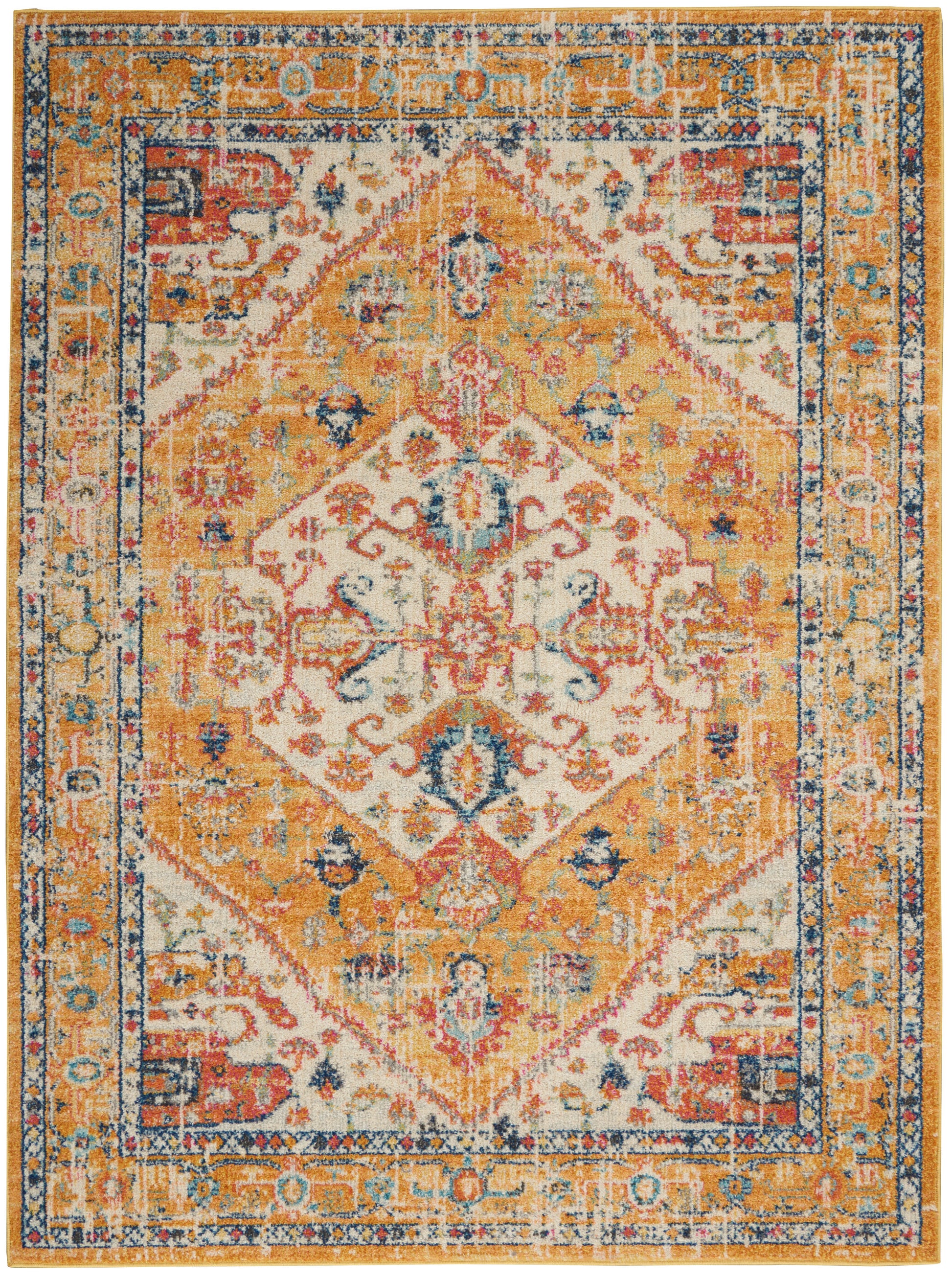 Distressed oriental area rug with warm gold and ivory center diamond medallion, blue and rust border.