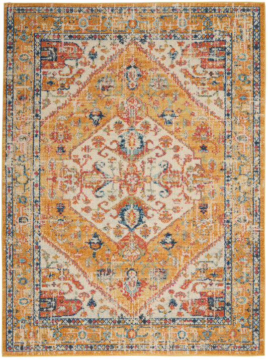 Distressed oriental area rug with warm gold and ivory center diamond medallion, blue and rust border.