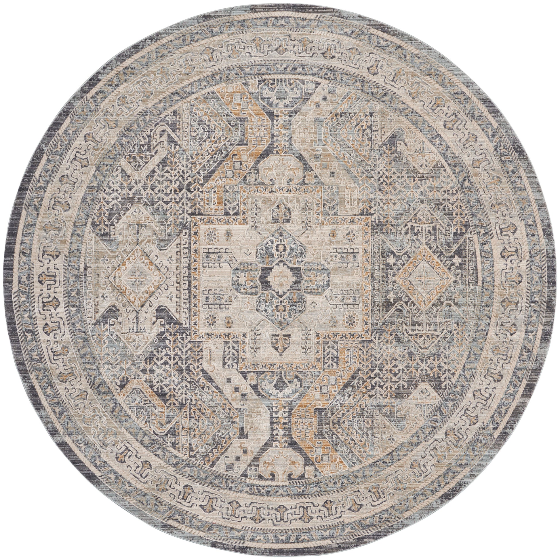 Round Oriental-style rug in muted gray, ivory, and beige with a geometric central medallion and decorative border.