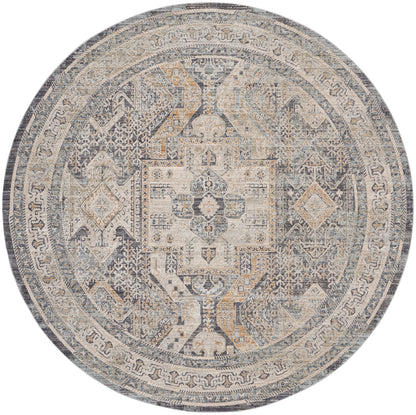 Round Oriental-style rug in muted gray, ivory, and beige with a geometric central medallion and decorative border.