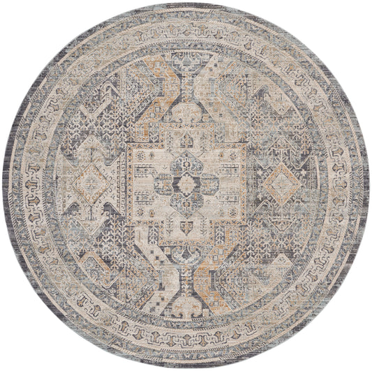 Round Oriental-style rug in muted gray, ivory, and beige with a geometric central medallion and decorative border.
