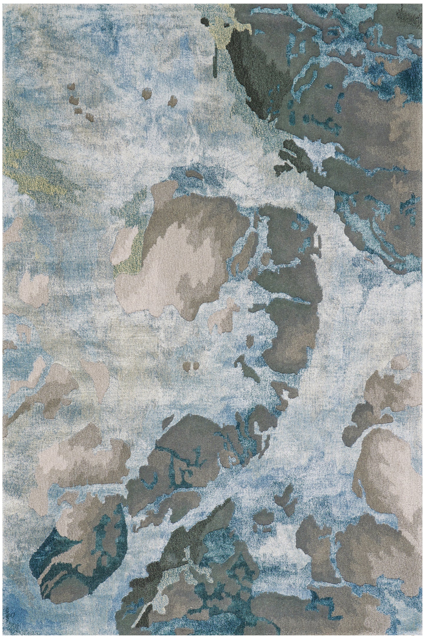Abstract blue, teal, gray and beige area rug with rock-like shapes and water-inspired textures; modern decor.