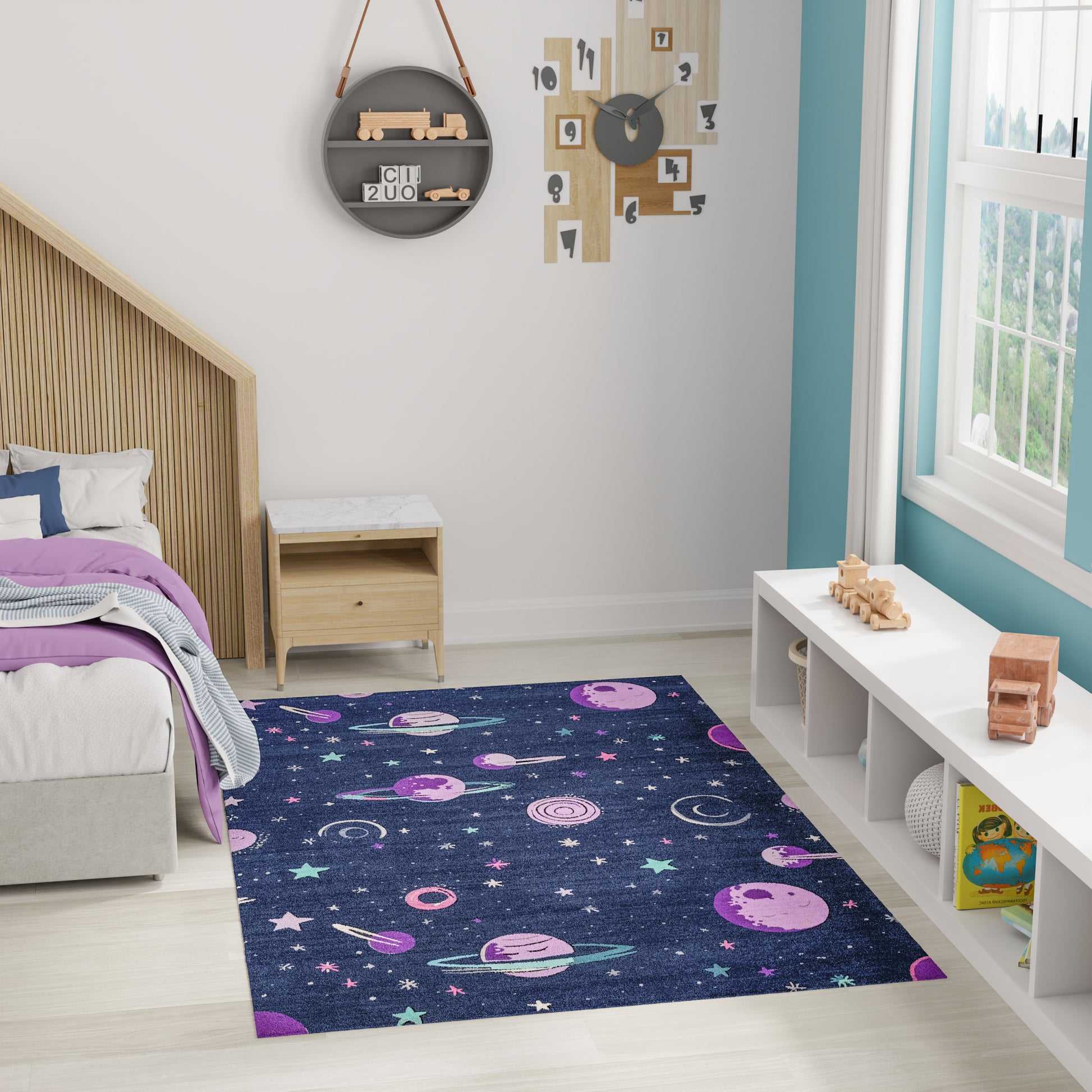 Dark blue space-themed rug with planets and stars in a bright kids' room beside a wooden bed and white storage bench.