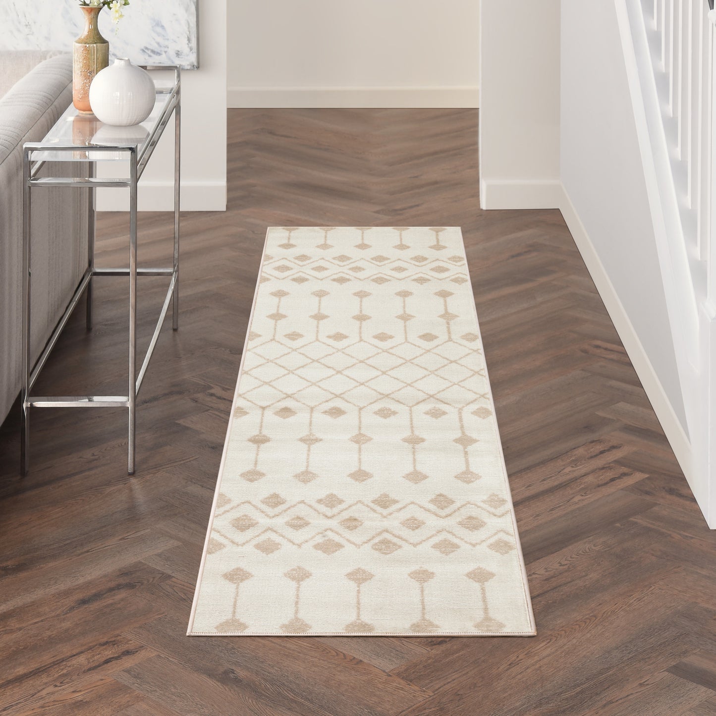 Cream and beige geometric runner rug with diamonds and lattice motif for hallway decor.