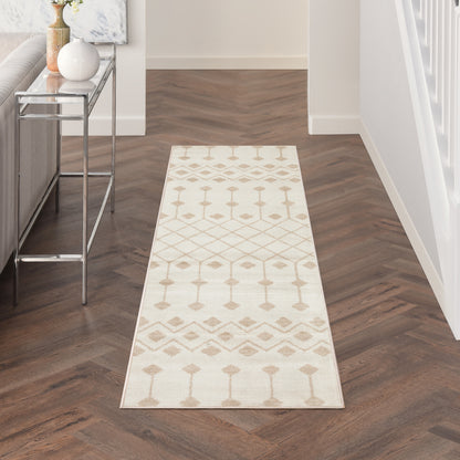 Cream and beige geometric runner rug with diamonds and lattice motif for hallway decor.