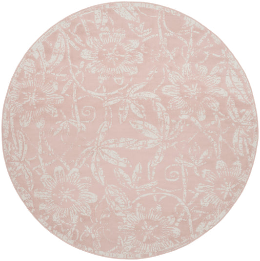 Round blush pink placemat with an allover white floral damask pattern; textile look, perfect for table settings.