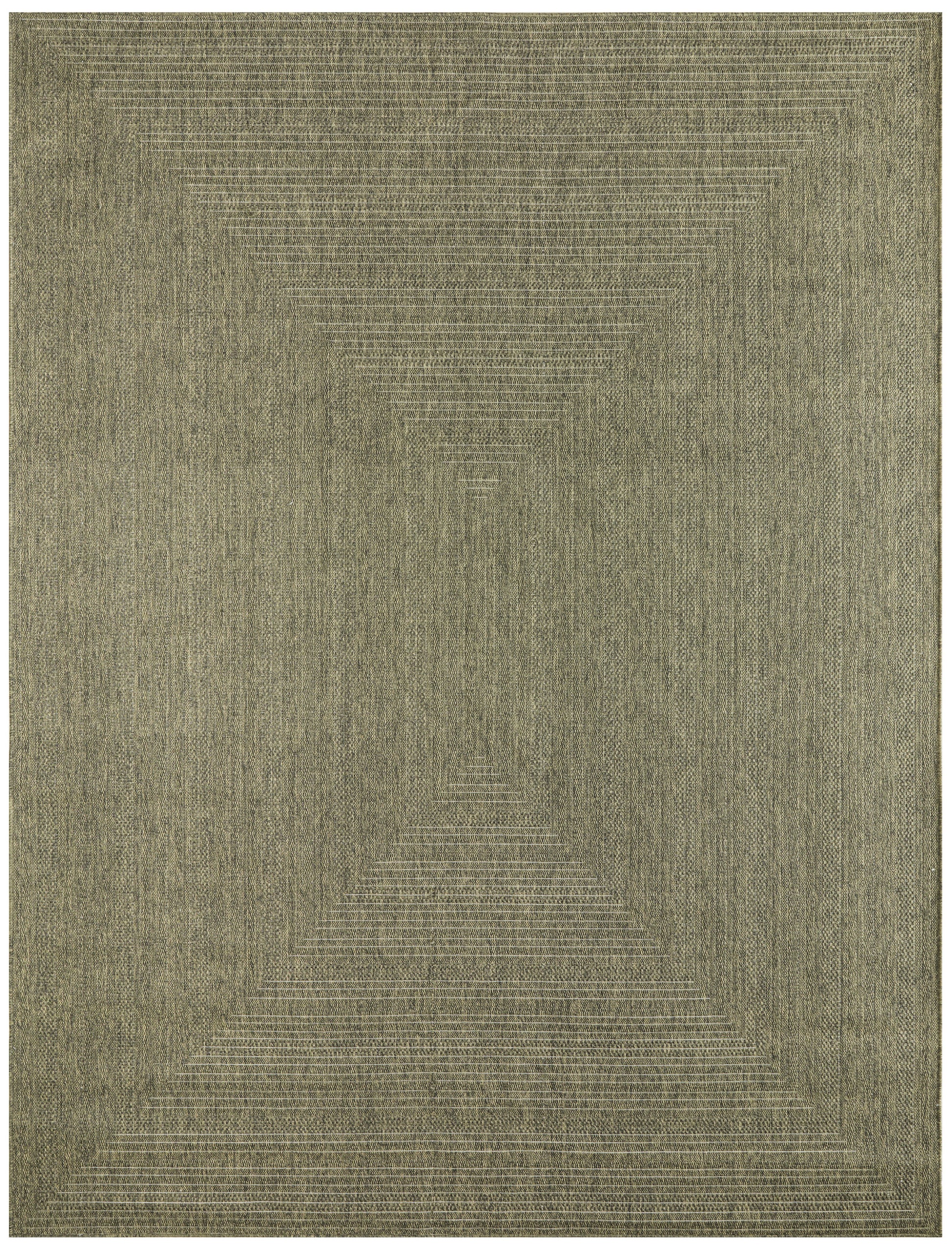 Olive-toned textured outdoor rug with concentric stepped rectangle pattern for modern geometric decor, 8' x 10'.