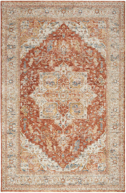 Rust-red oriental area rug with a bold central medallion, distressed look, cream and blue border, floral patterns.