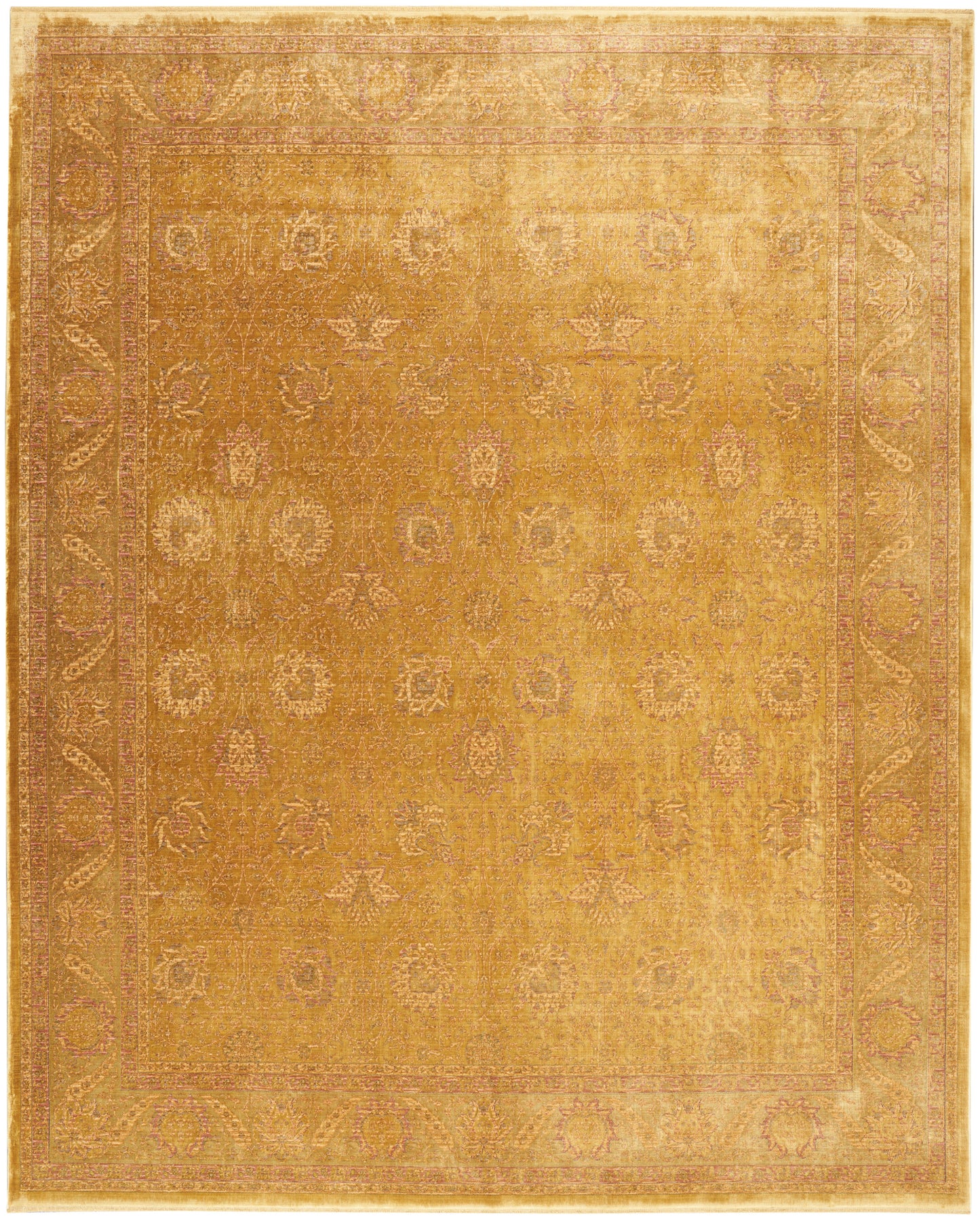 Golden mustard Persian-style area rug with floral medallions and ornate border; vintage distressed look.