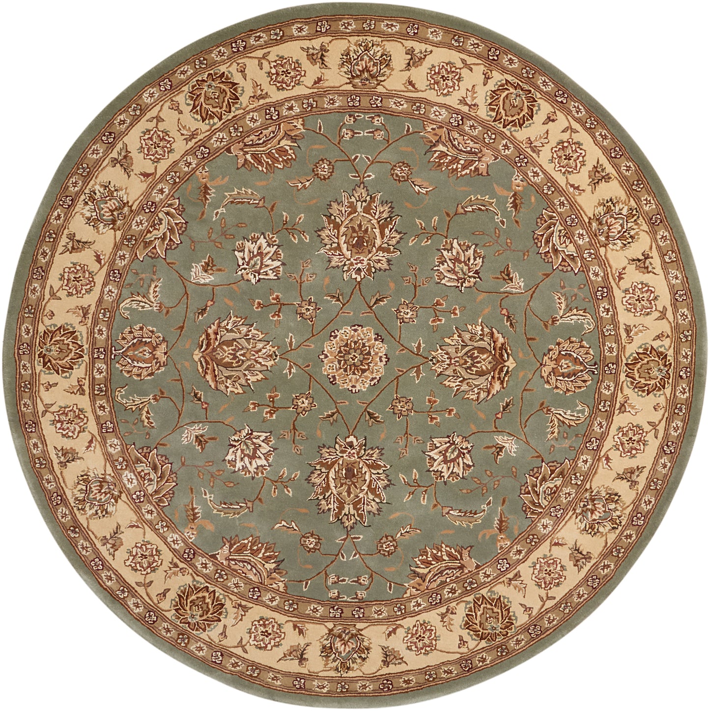 Round area rug with teal center, beige & brown floral medallions, decorative border; traditional oriental style.