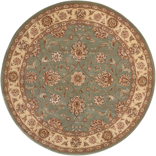Round area rug with teal center, beige & brown floral medallions, decorative border; traditional oriental style.