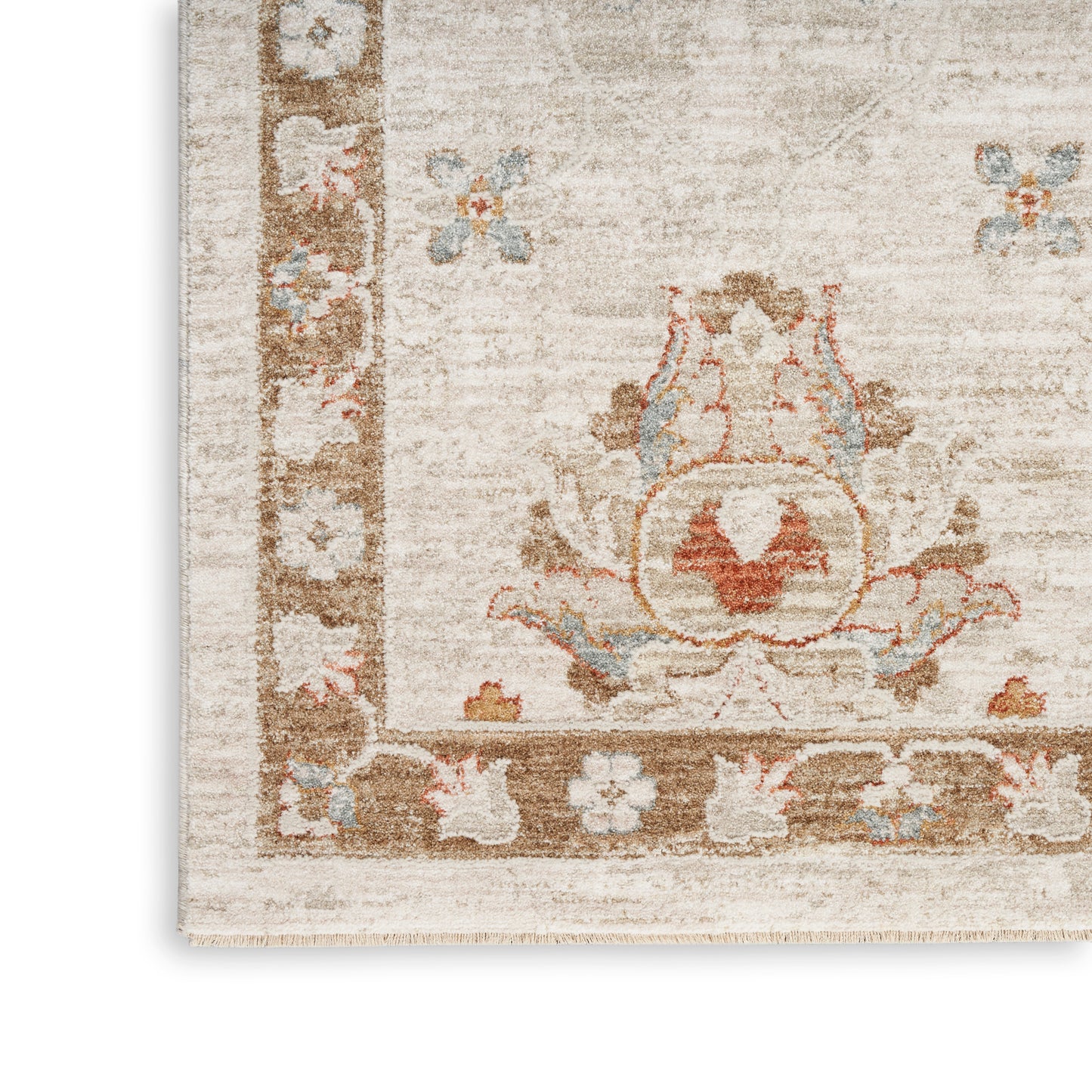 Traditional beige oriental area rug with brown border, blue and coral floral motifs, corner view.
