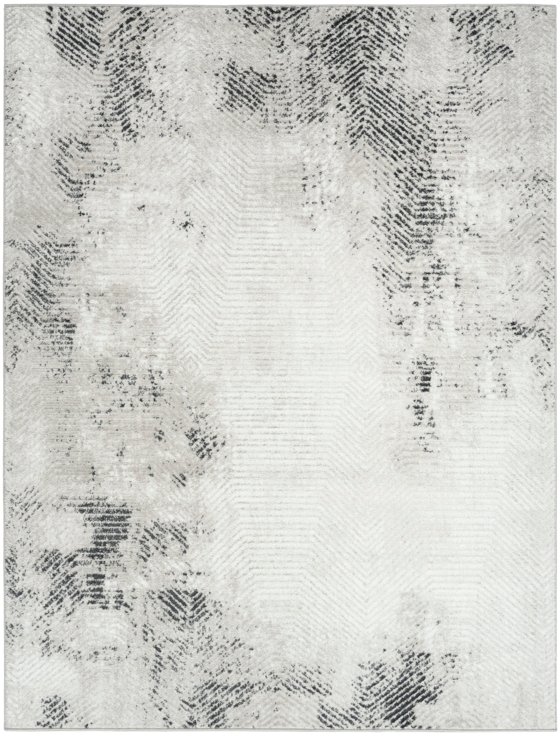 Neutral gray area rug with a subtle darker gray distressed border; rectangular, contemporary style.