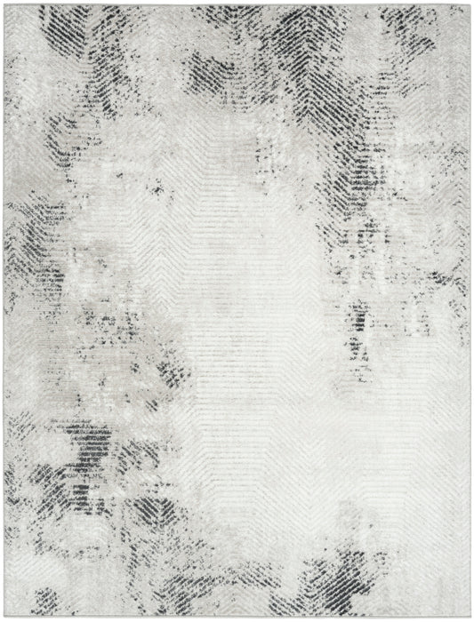 Neutral gray area rug with a subtle darker gray distressed border; rectangular, contemporary style.