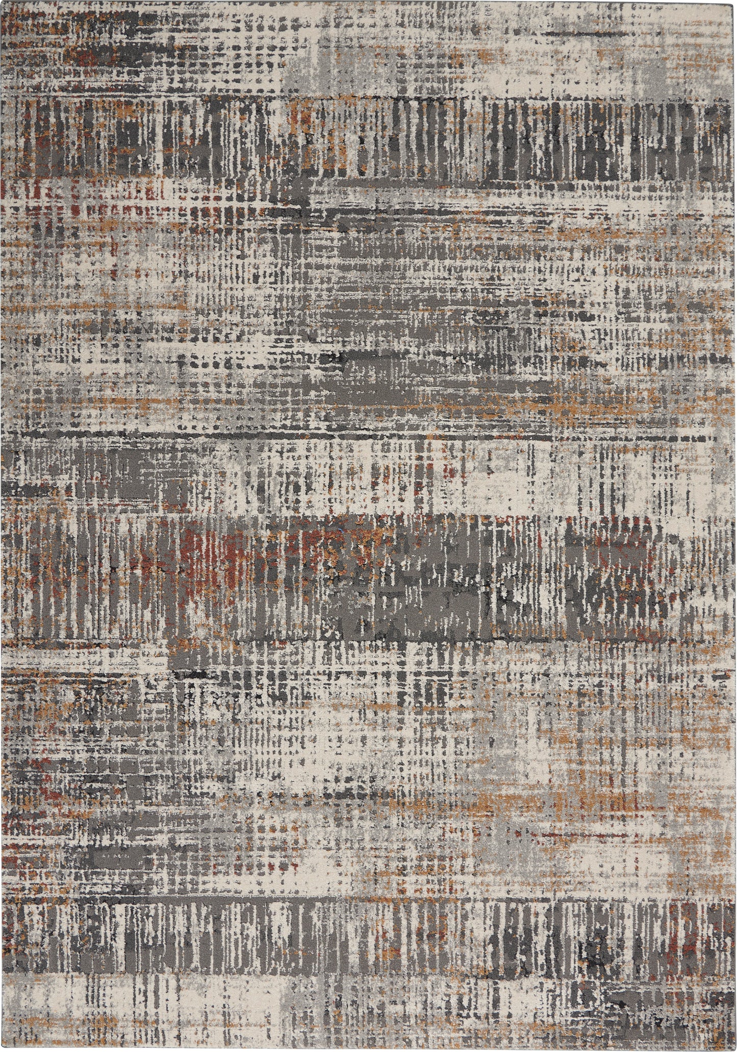 Abstract distressed area rug in gray, charcoal, ivory and rust with a textured, geometric brushstroke pattern.