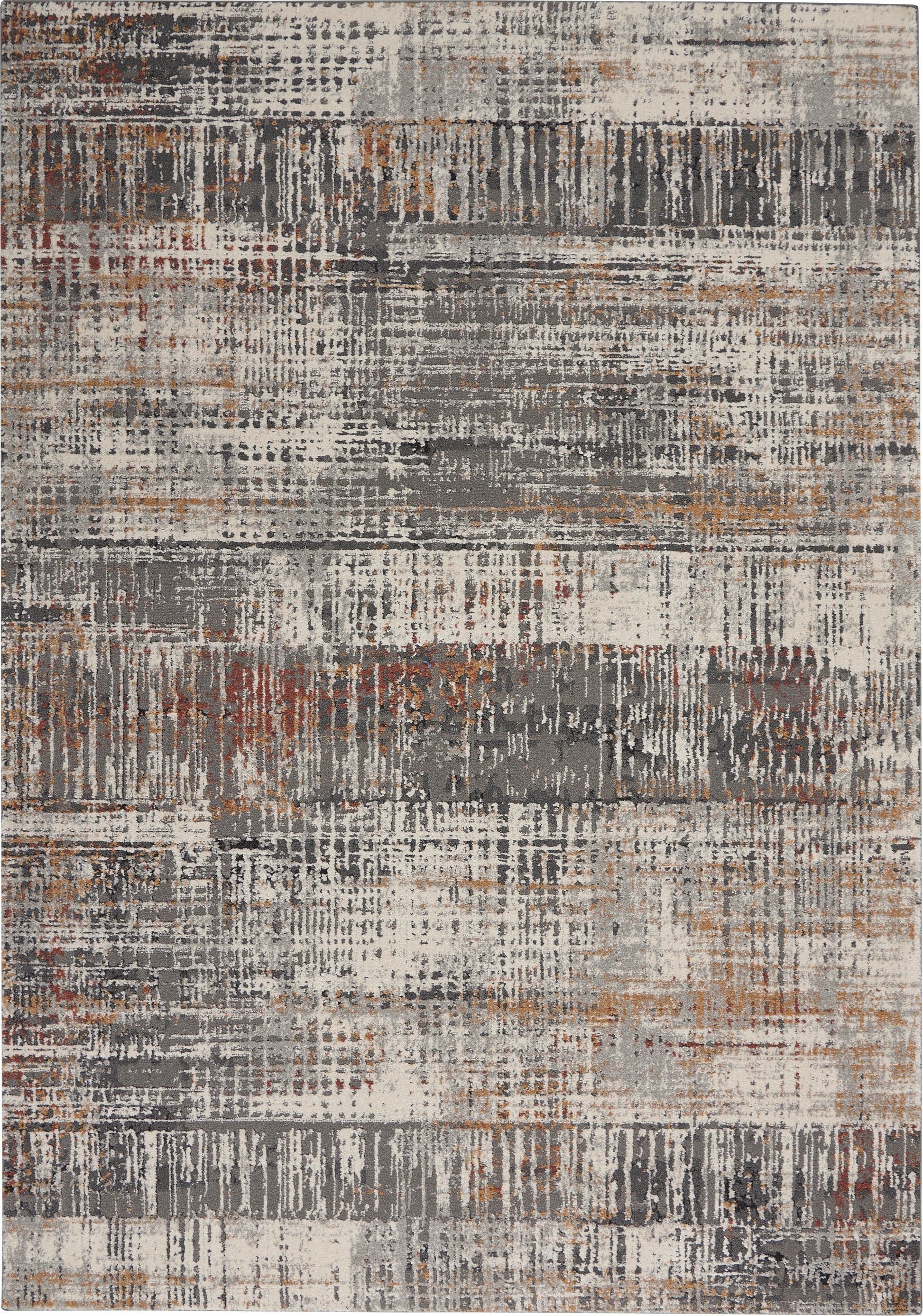 Abstract distressed area rug in gray, charcoal, ivory and rust with a textured, geometric brushstroke pattern.