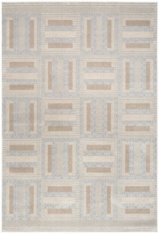 Geometric area rug in light blue-gray and beige with rectangular block motifs in a woven pattern, 5' x 7'.