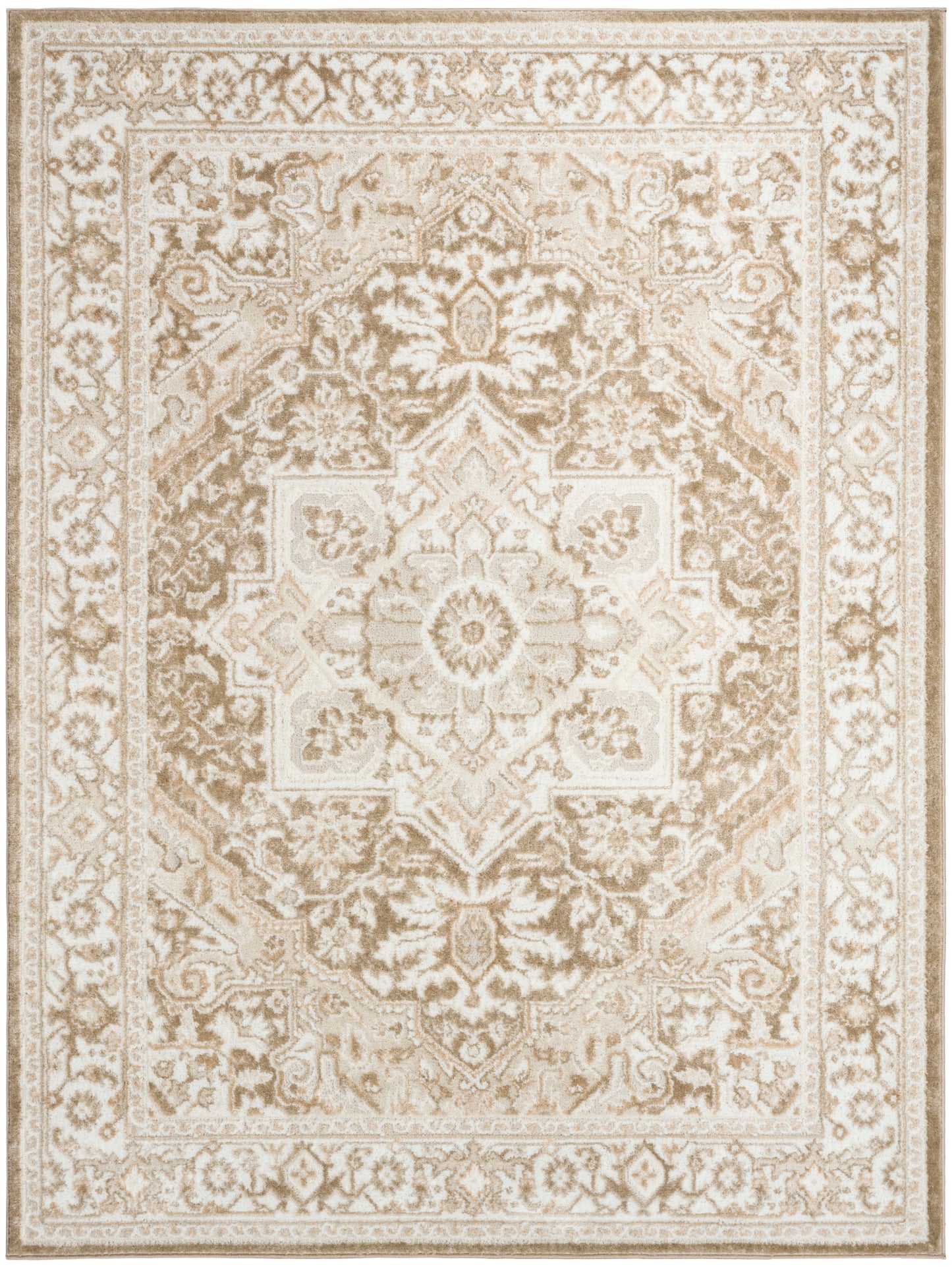 Beige cream Persian-style area rug with central floral medallion, intricate borders, neutral tones.