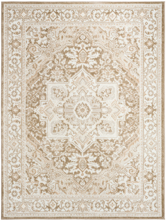 Beige cream Persian-style area rug with central floral medallion, intricate borders, neutral tones.