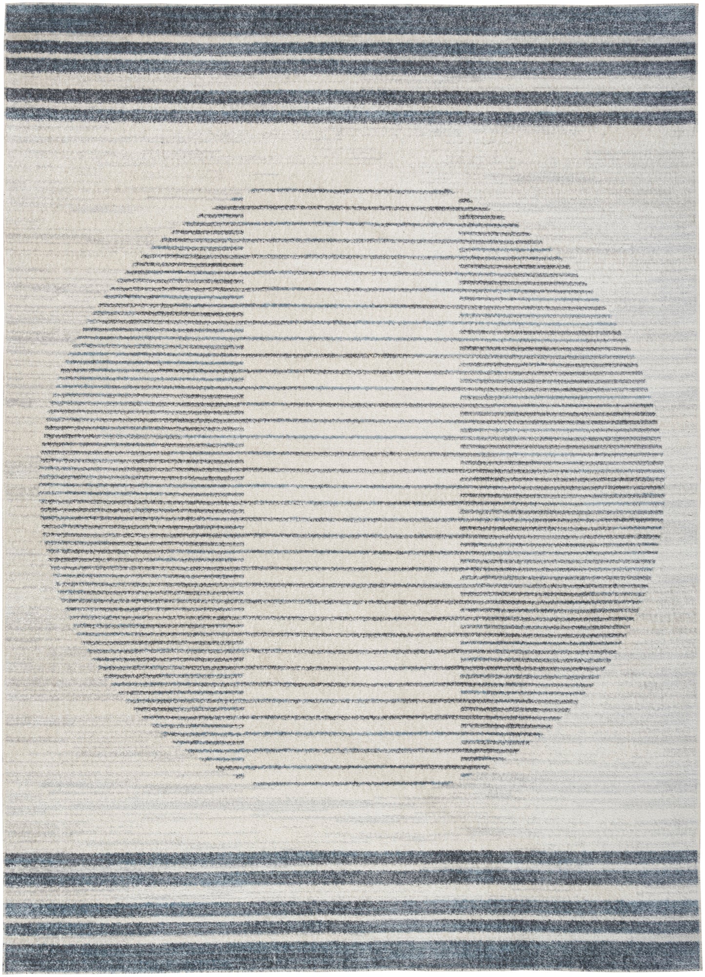 Beige woven rug with a large striped circle motif in blue, framed by blue top and bottom border stripes.