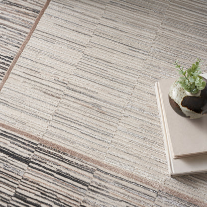 Neutral striped area rug in beige, cream and taupe tones with a small succulent in a speckled pot atop a book stack.
