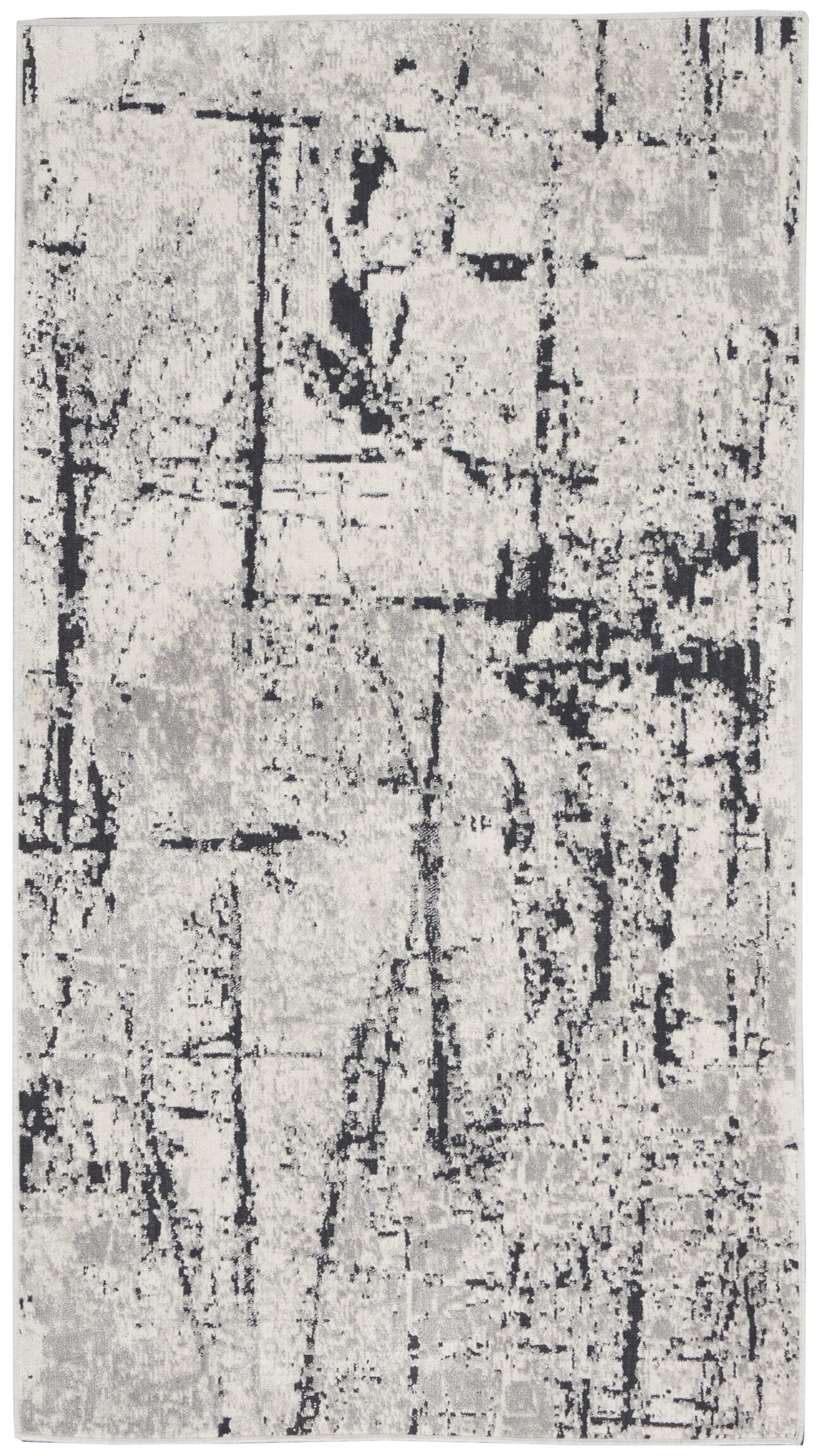 Rectangular gray and black abstract distressed rug, modern contemporary style for living room or hallway.