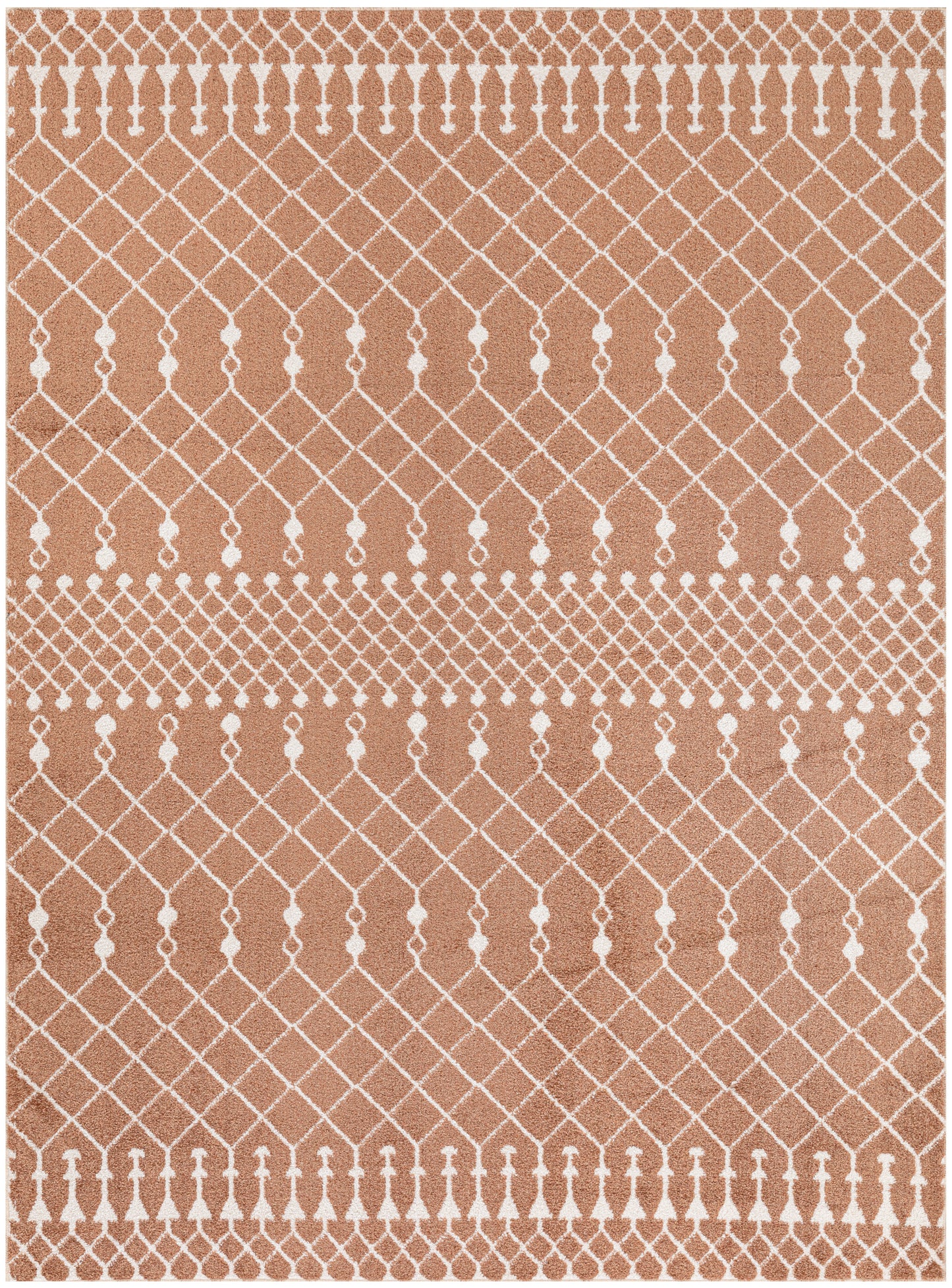 Terracotta rug with white geometric lattice, dotted borders and tassel-like motifs across.
