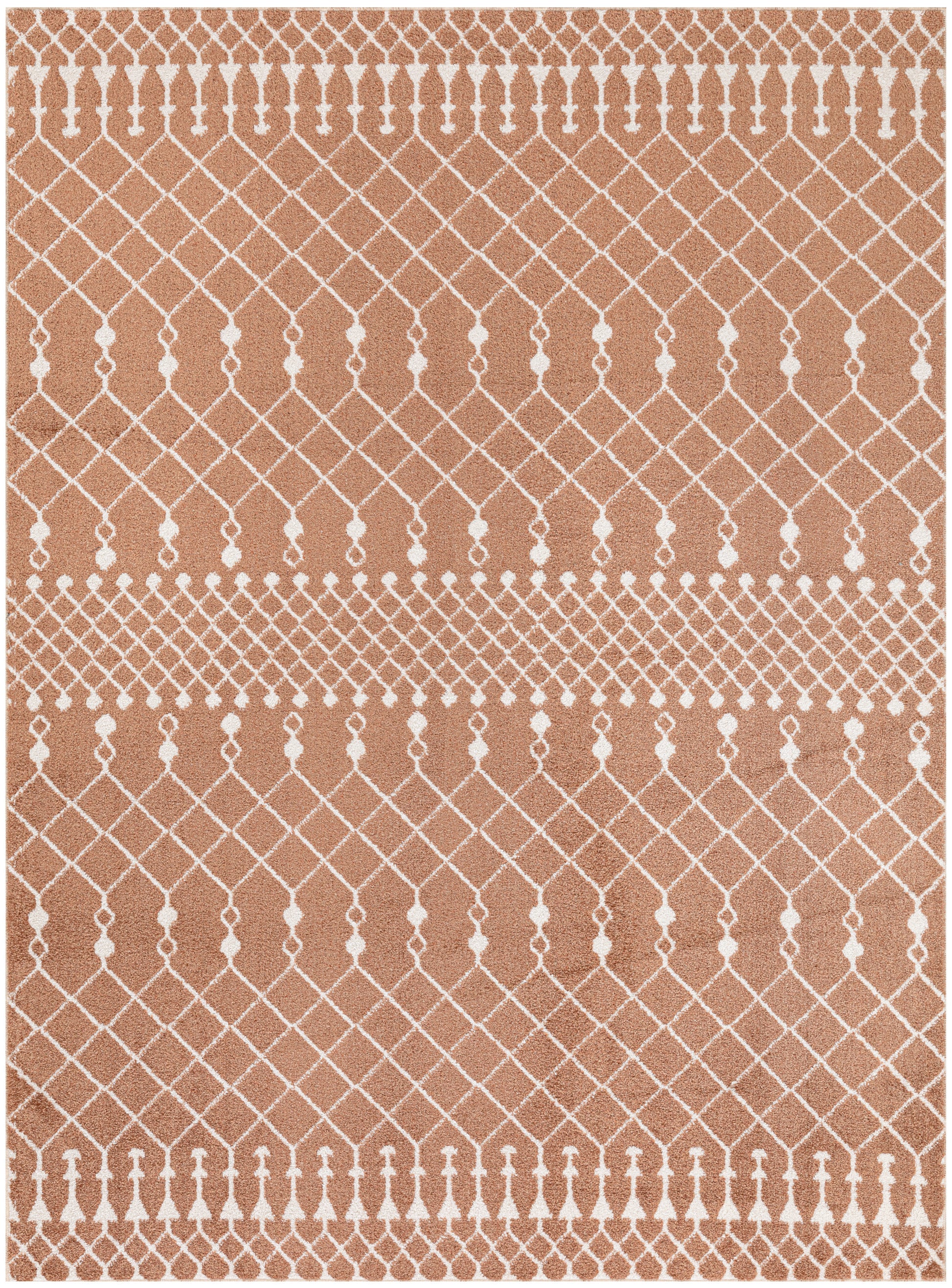 Terracotta rug with white geometric lattice, dotted borders and tassel-like motifs across.