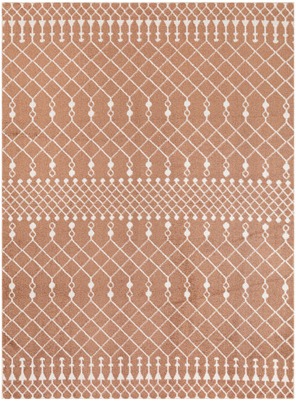 Terracotta rug with white geometric lattice, dotted borders and tassel-like motifs across.
