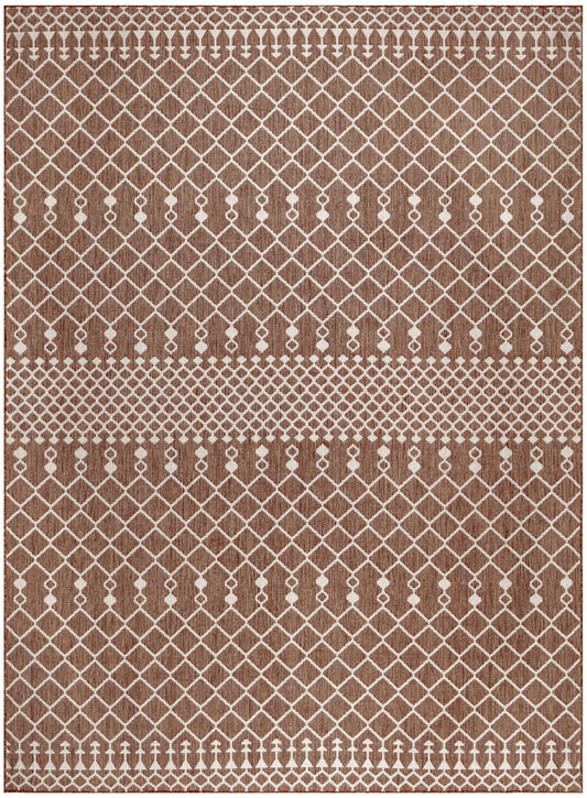 Brown rectangular rug with white geometric lattice pattern, diamond shapes and dotted borders, boho contemporary style.