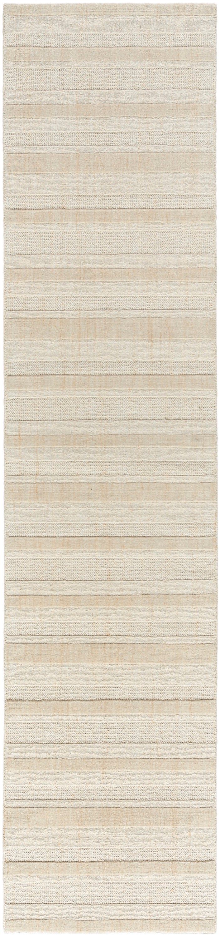 Cream beige flatweave rug with horizontal textured stripes; 10 ft long neutral cotton/jute runner for hall or living room.