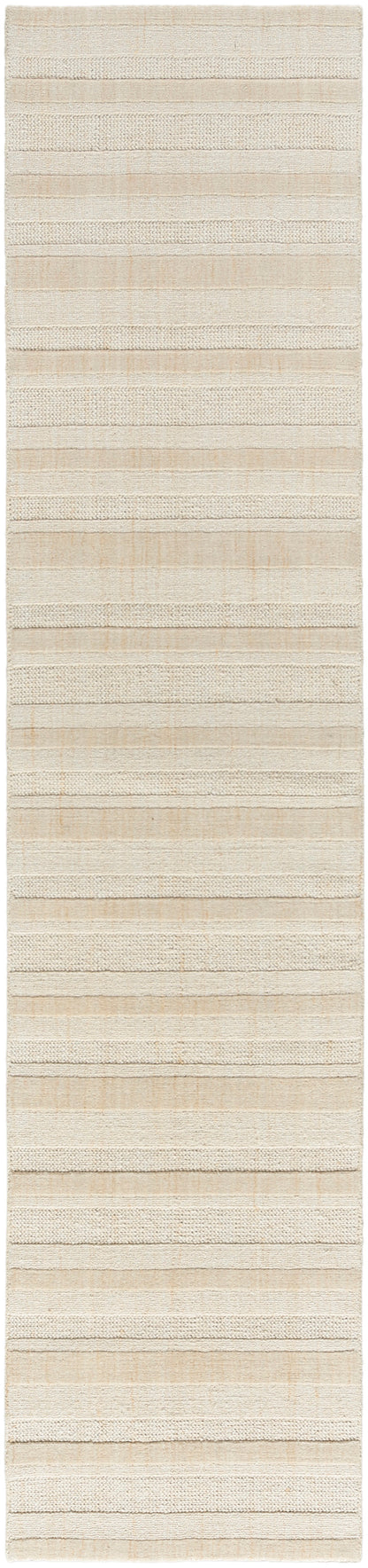 Cream beige flatweave rug with horizontal textured stripes; 10 ft long neutral cotton/jute runner for hall or living room.