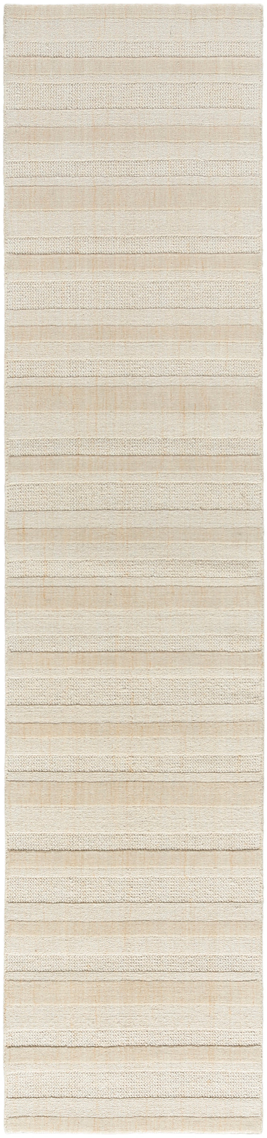 Cream beige flatweave rug with horizontal textured stripes; 10 ft long neutral cotton/jute runner for hall or living room.