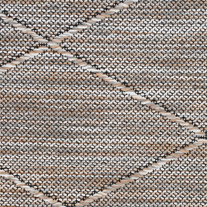 Neutral beige and taupe woven rug with diagonal diamond pattern and textured jute-like fibers.
