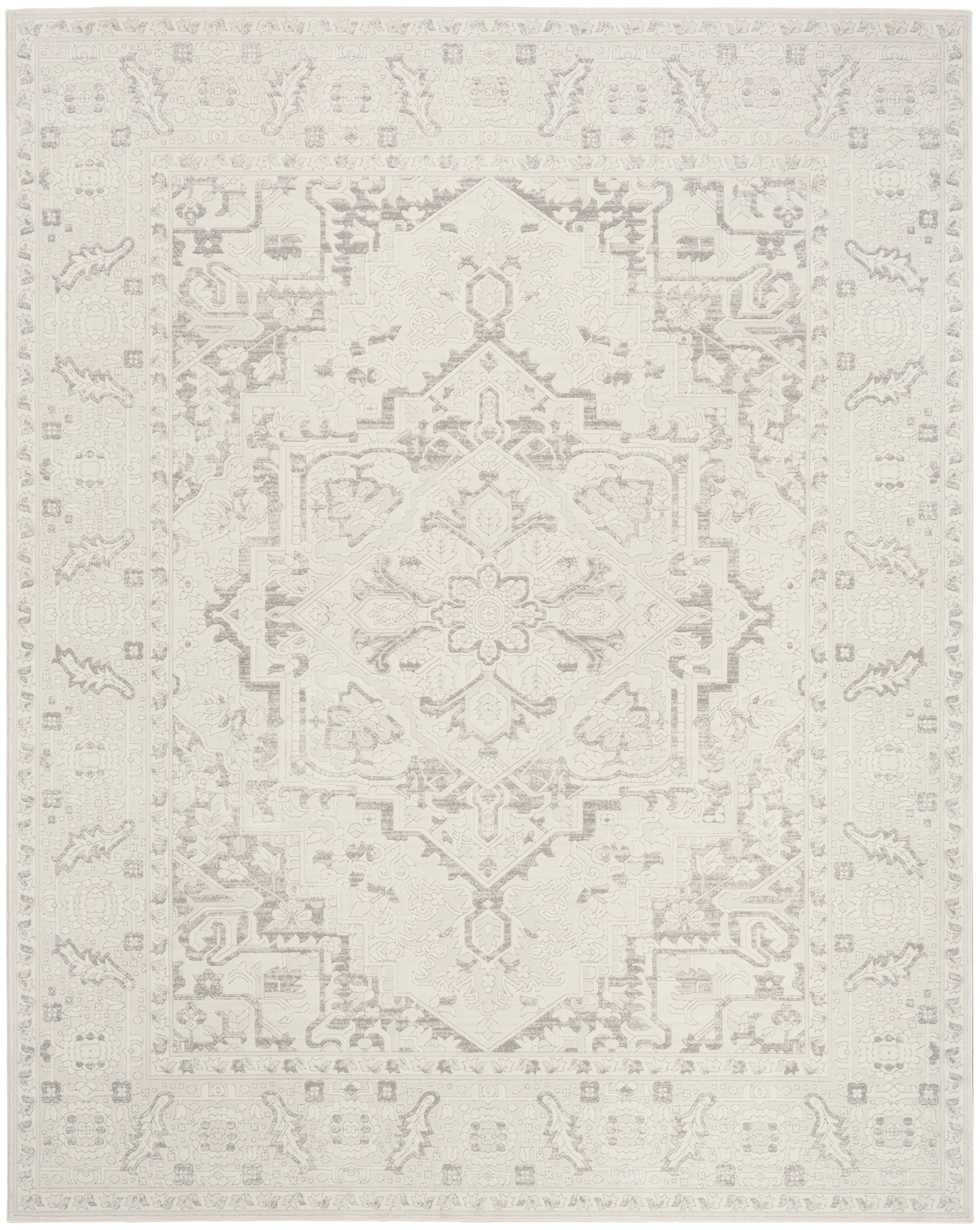 Cream ivory oriental-style rectangular area rug with a subtle distressed floral medallion center and geometric border.