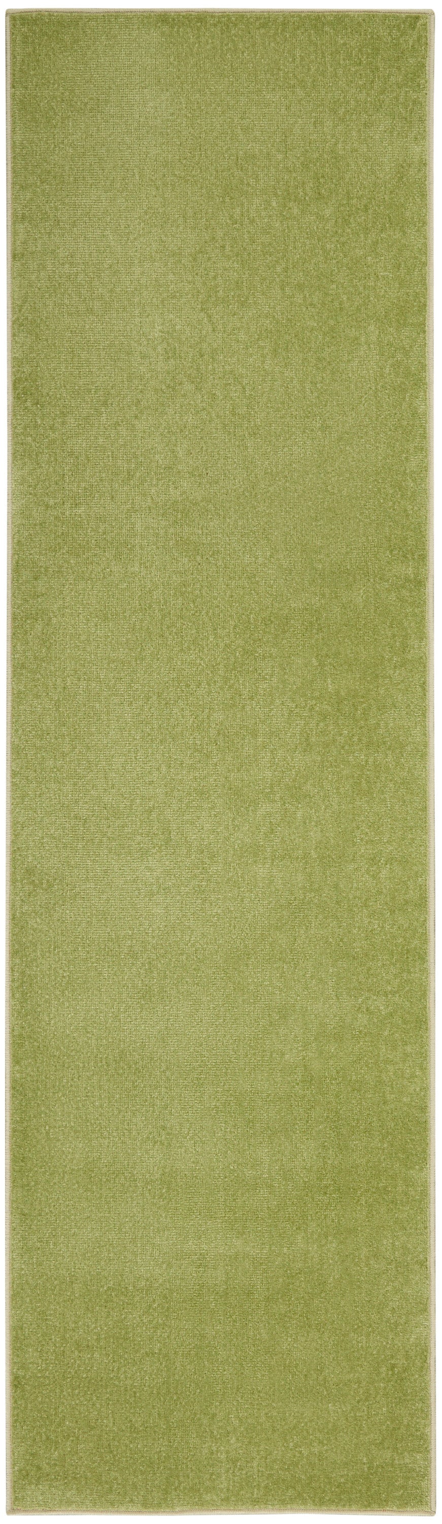 Olive green outdoor runner rug with subtle textured pile and light beige border along edges.