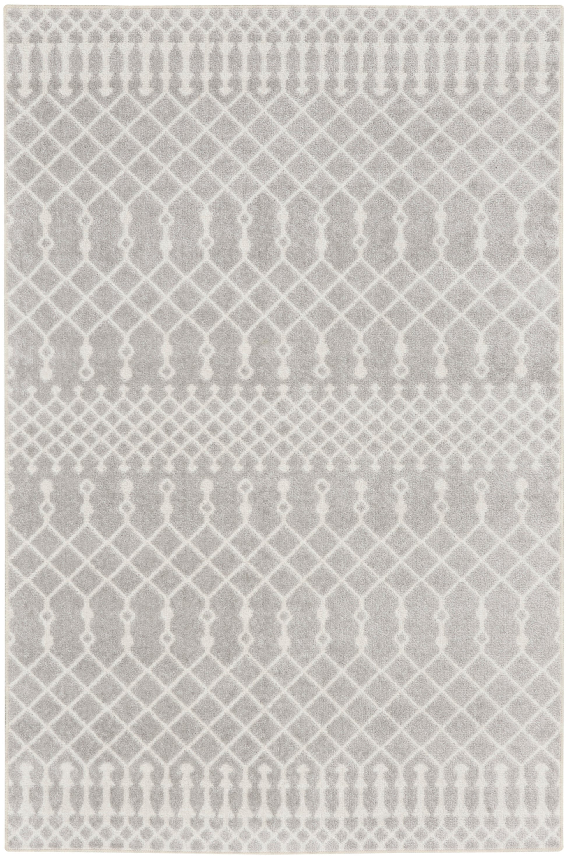 Grey and ivory geometric rug with repeating lattice/trellis patterns in a soft, modern weave.