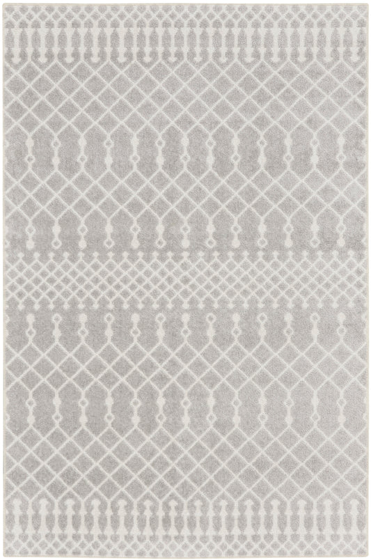 Grey and ivory geometric rug with repeating lattice/trellis patterns in a soft, modern weave.