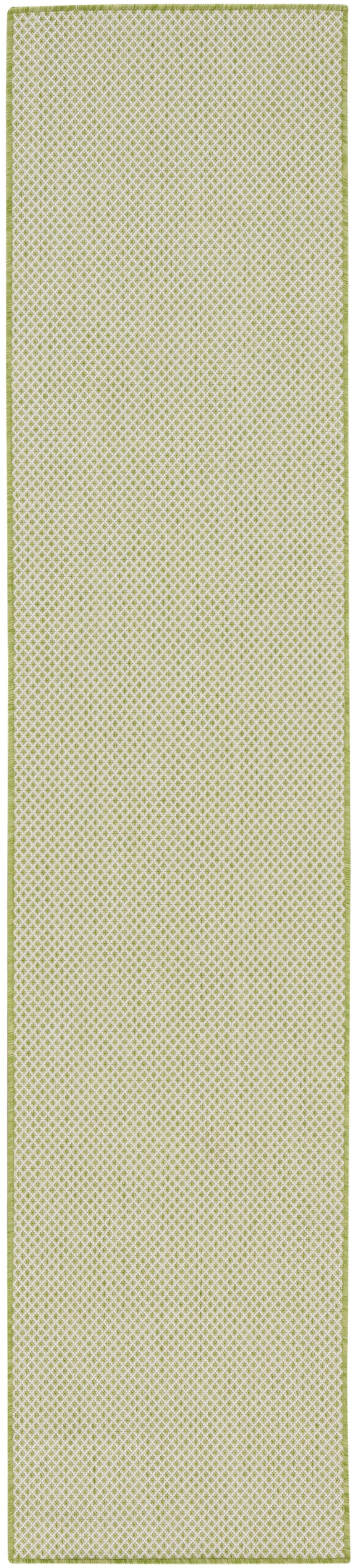 Olive-green bordered lime lattice runner rug; light yellow-green center with white diamond lattice pattern.
