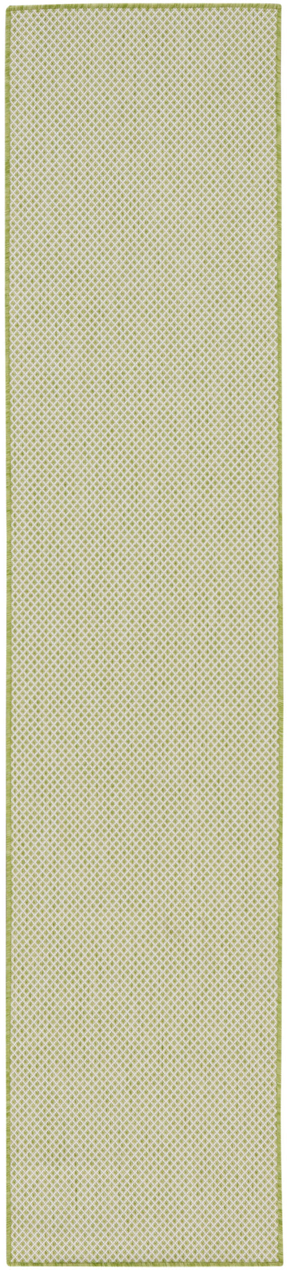 Olive-green bordered lime lattice runner rug; light yellow-green center with white diamond lattice pattern.