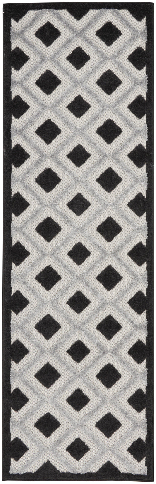 Long rectangular rug with black border and a repeating gray diamond lattice with black diamond accents.