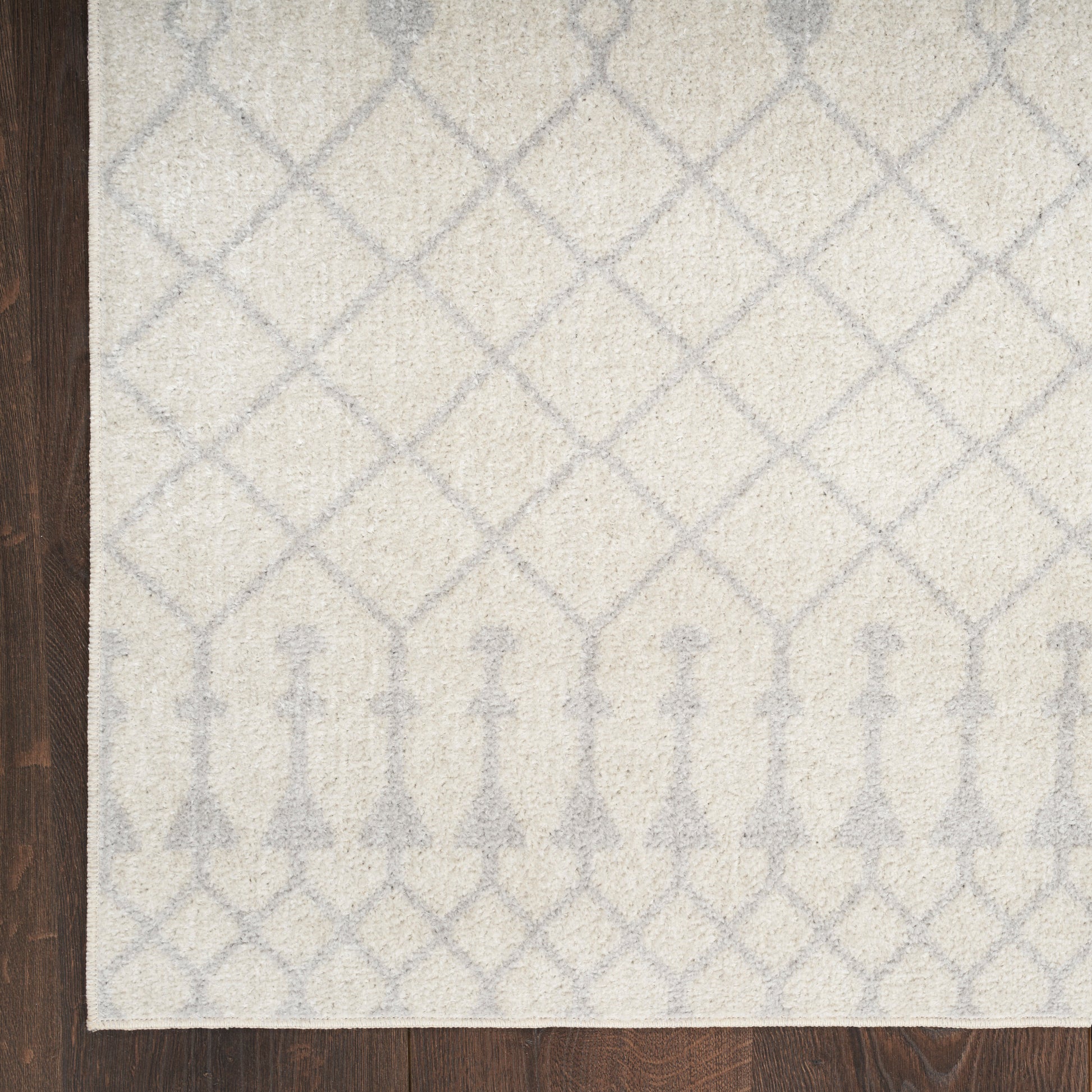 Cream area rug with pale gray lattice trellis pattern and arched border on dark wood floor.