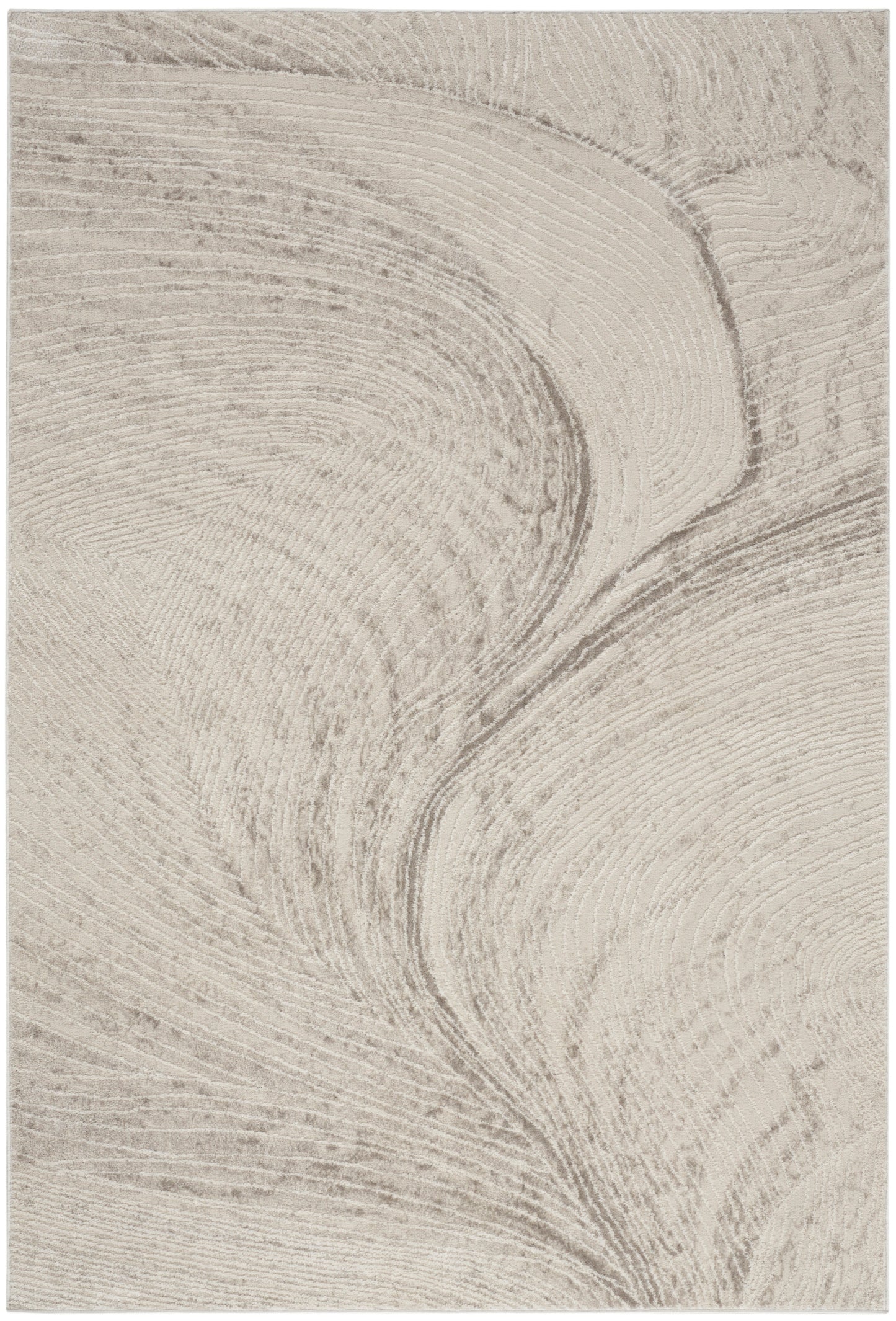 Beige cream rug with flowing taupe wood-grain swirl; soft, modern textured textile.