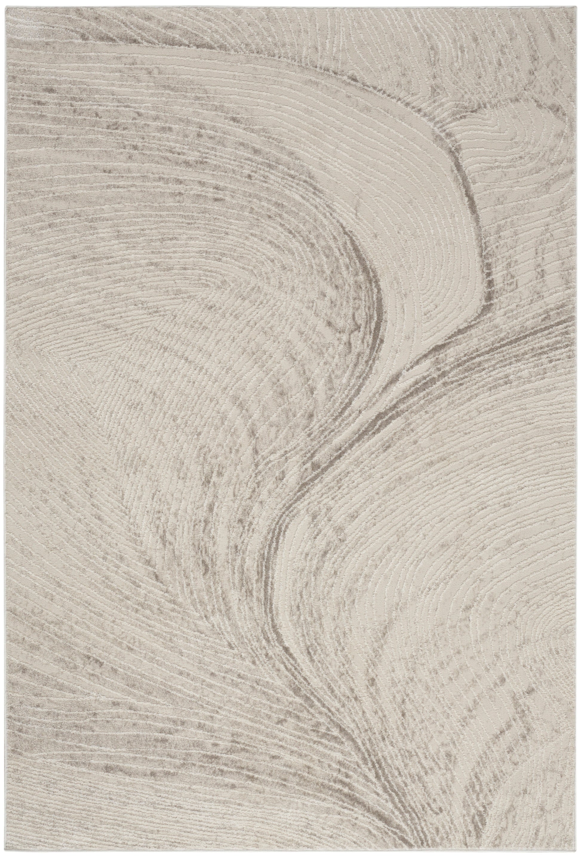 Beige cream rug with flowing taupe wood-grain swirl; soft, modern textured textile.