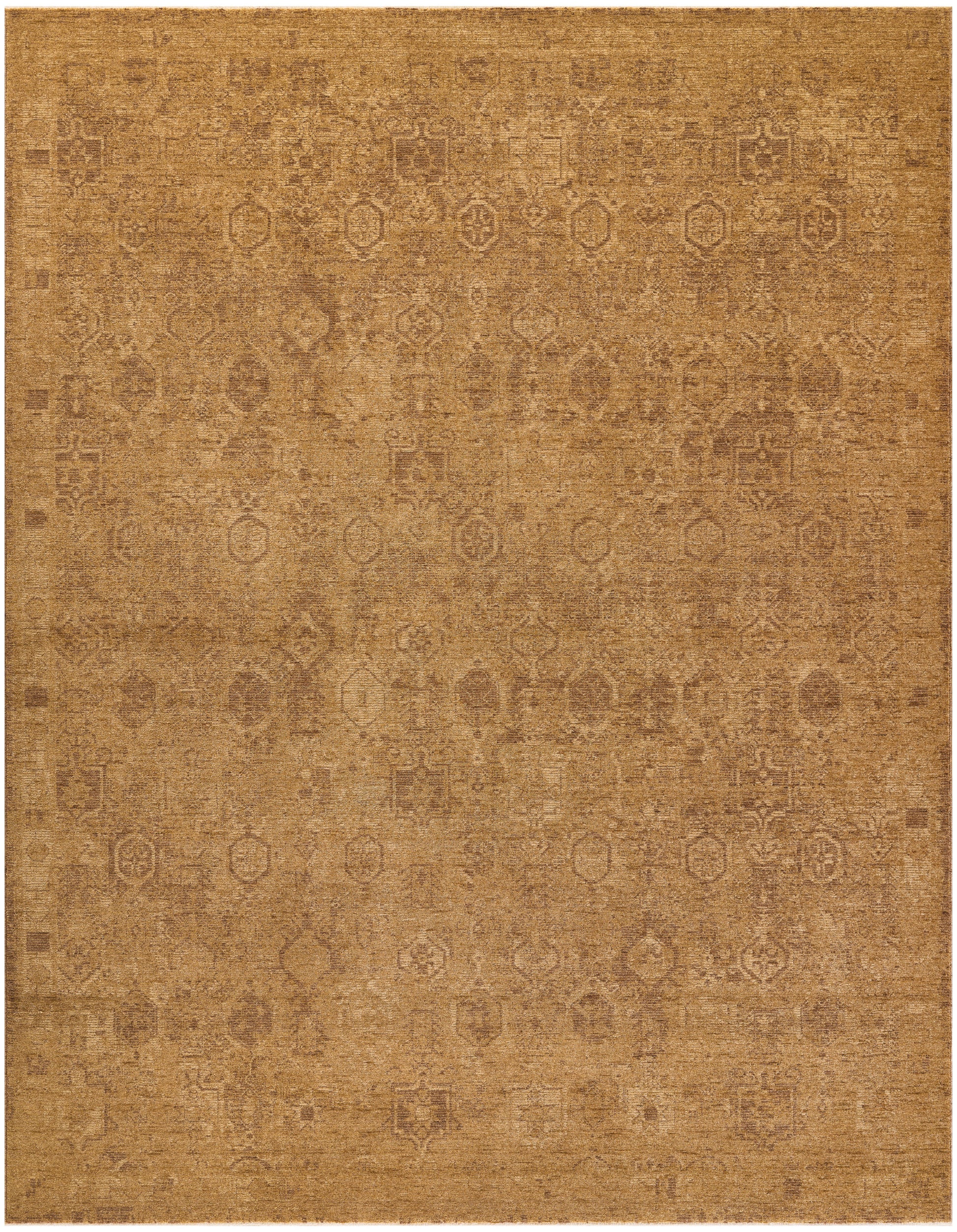 Muted brown and tan vintage-style oriental rug with faded geometric medallion motifs.