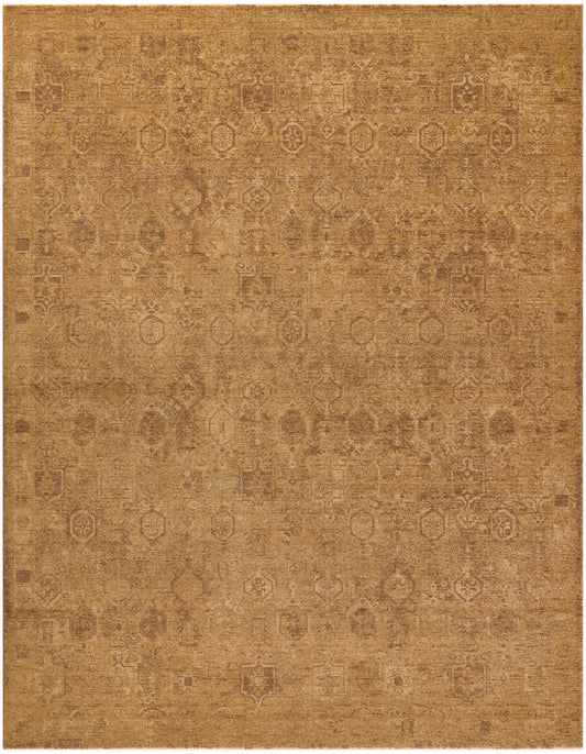 Muted brown and tan vintage-style oriental rug with faded geometric medallion motifs.