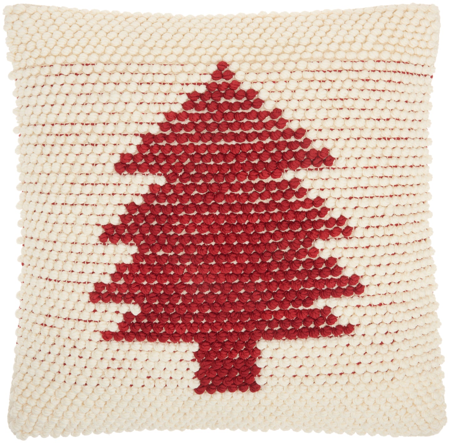 Cream pom-pom tufted square pillow with a red pixelated Christmas tree design, festive home decor.