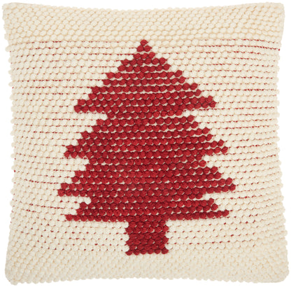 Cream pom-pom tufted square pillow with a red pixelated Christmas tree design, festive home decor.