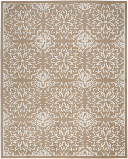 Beige rug with white intricate mandala rosette pattern, repeating grid, bordered edge.